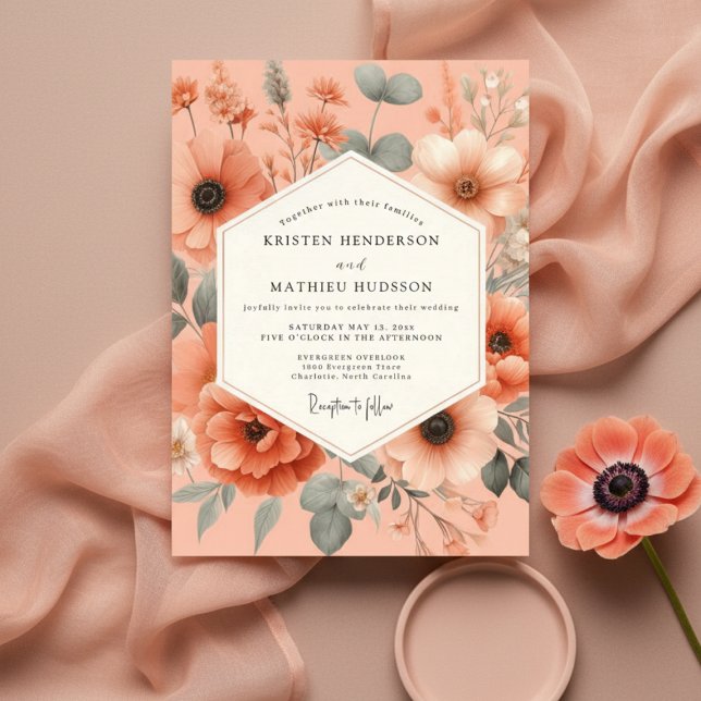 Convite Peach Floral Romance Wedding (Criador carregado)