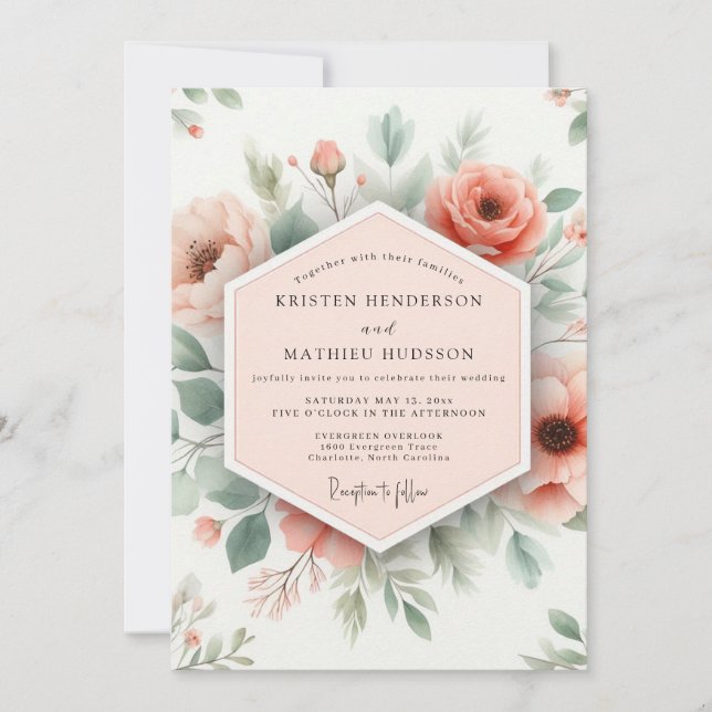 Convite Peach Floral Romantic Wedding (Frente)