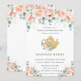 Convite Peach Floral Rosa Greenery Chá de panela Tea Party