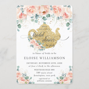 Convite Peach Floral Rosa Greenery Chá de panela Tea Party