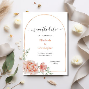 Convite Peach Floral Rose Gold Arco Casamento Save the Dat