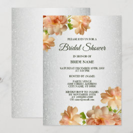 Convite Peach Floral Silver Glitter Elegant Bridal Shower