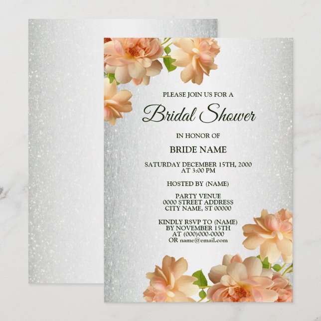 Convite Peach Floral Silver Glitter Elegant Bridal Shower (Frente/Verso)