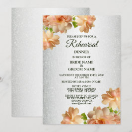 Convite Peach Floral Silver Glitter Rehearsal Dinner