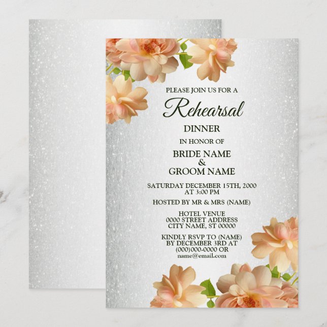 Convite Peach Floral Silver Glitter Rehearsal Dinner (Frente/Verso)