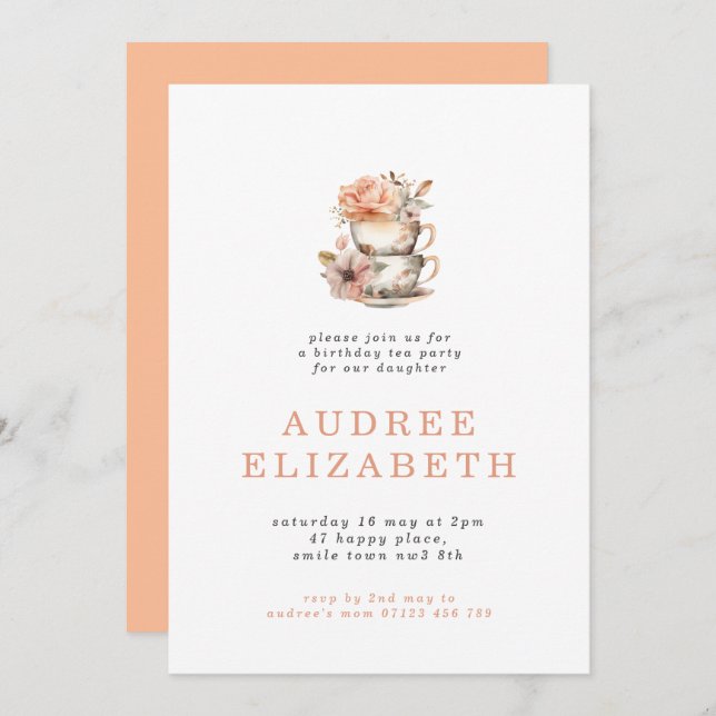 Convite Peach Floral Tea Party Birthday (Frente/Verso)