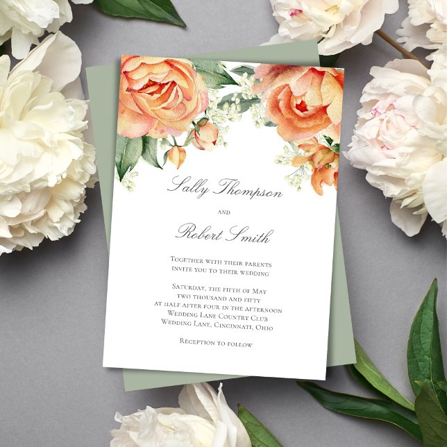 Convite Peach Floral Top Border Elegant Script Wedding (Romantic peach floral wedding design with soft watercolor blooms and elegant script for a timeless.)