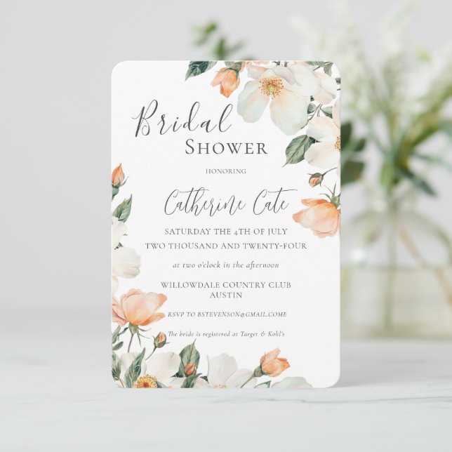 Convite Peach Floral Watercolor Bridal Shower (Em pé/Frente)