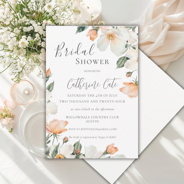 Convite Peach Floral Watercolor Bridal Shower (Criador carregado)