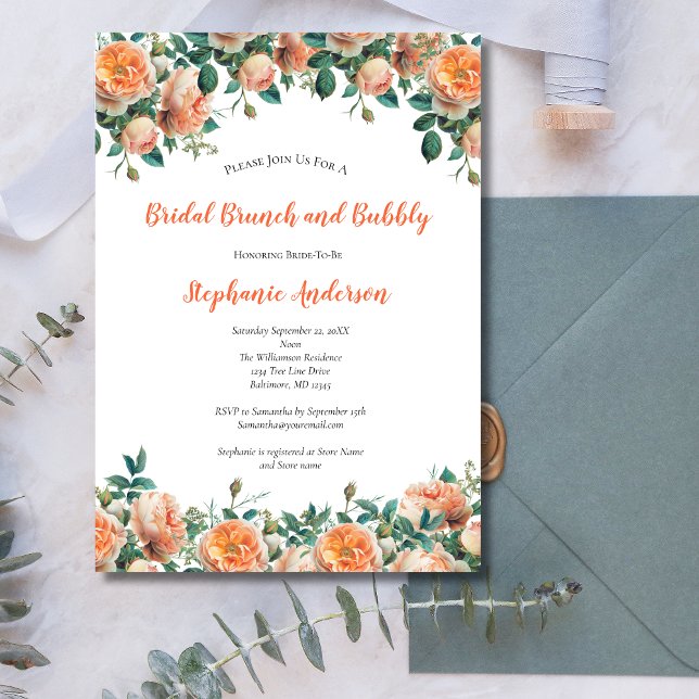Convite Peach Floral Watercolor Chá de panela Brunch (Peach Floral Greenery Watercolor Elegant Bridal Shower Brunch Bubbly Invitation. Printed or Download)