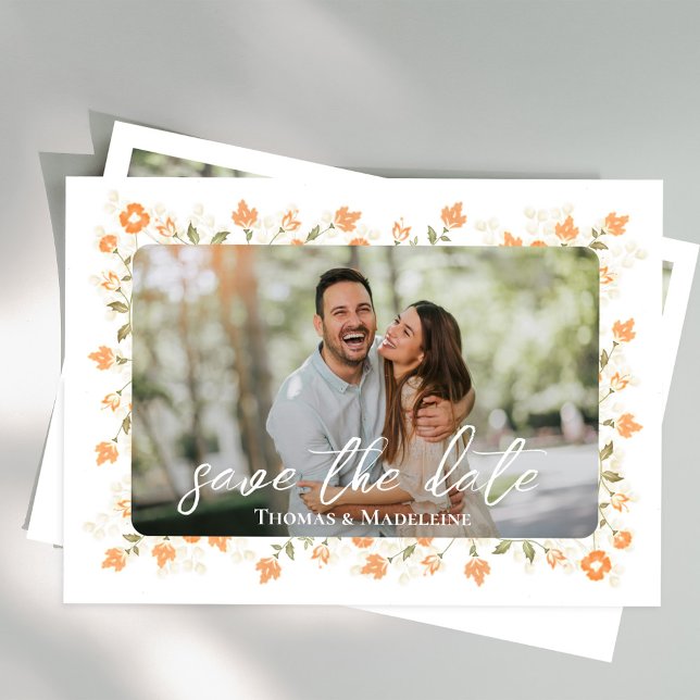 Convite Peach Floral Wedding Save the Date Photo (Wedding save-the-date photo card with a scannable QR code. )