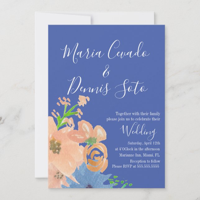 Convite Peach Florals Script Wedding Watercolor (Frente)