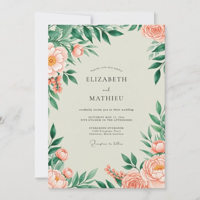 Convite Peach Flourishing Spring Wedding (Frente)