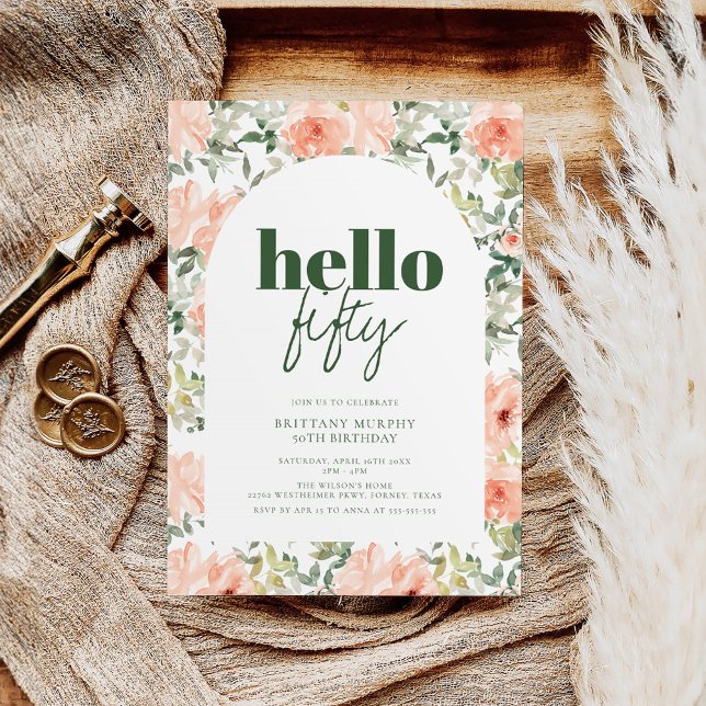 Convite Peach Flowers Arch Trendy Modern 50º aniversário (Criador carregado)