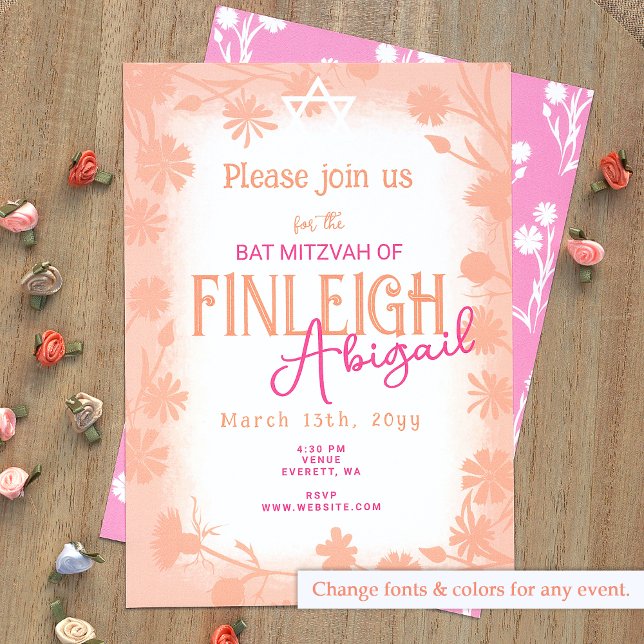 Convite Peach Fuzz, Flores Selvagens Rosa Bat Mitzvah (Peach, Pink Bat Mitzvah Invitation with Floral Border, Chic Wild Flower Design)