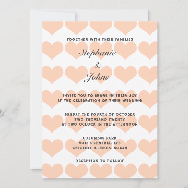 Convite Peach Fuzz Heart Pattern Trendy Romantic Wedding (Frente)