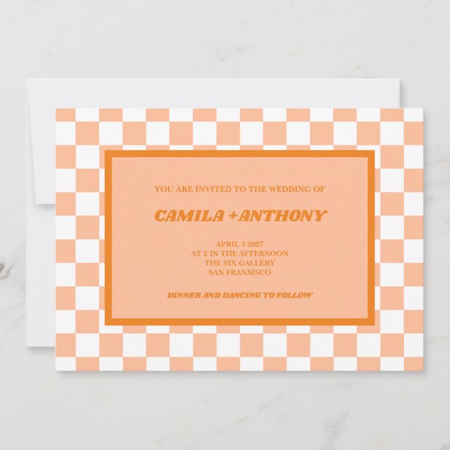 Convite Peach Fuzz Orange Checkered Gingham Patterno (Frente)