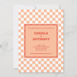 Convite Peach Fuzz Red Checkered Gingham Pattern Weding