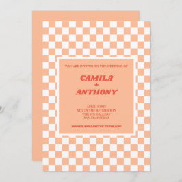 Convite Peach Fuzz Red Checkered Gingham Pattern Weding