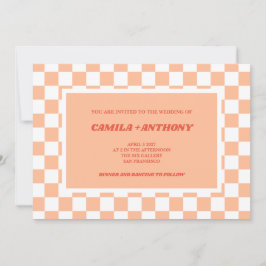 Convite Peach Fuzz Red Checkered Gingham Pattern Weding