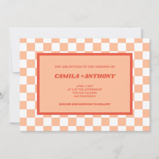 Convite Peach Fuzz Red Checkered Gingham Pattern Weding
