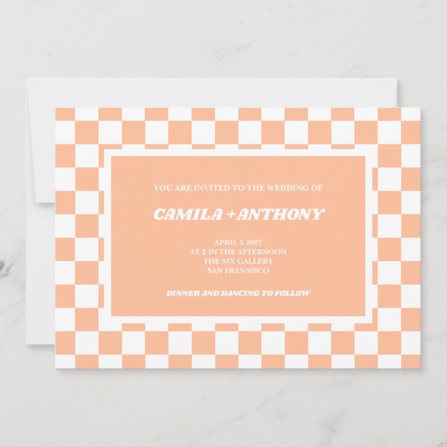 Convite Peach Fuzz White Checkered Gingham Pattern Weding (Frente)