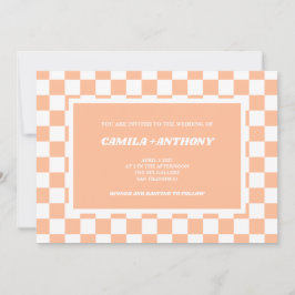 Convite Peach Fuzz White Checkered Gingham Pattern Weding