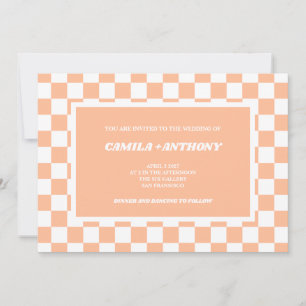 Convite Peach Fuzz White Checkered Gingham Pattern Weding