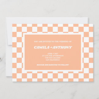 Convite Peach Fuzz White Checkered Gingham Pattern Weding