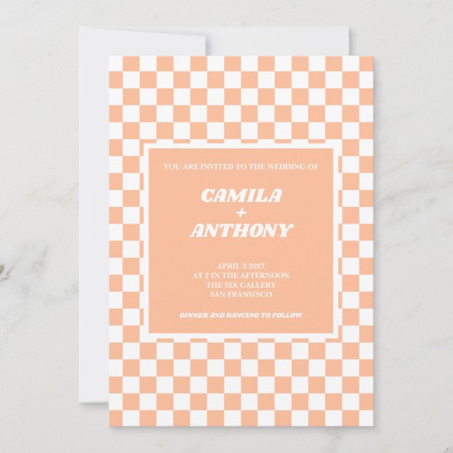 Convite Peach Fuzz White Checkered Gingham Pattern Weding (Frente)