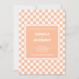 Convite Peach Fuzz White Checkered Gingham Pattern Weding