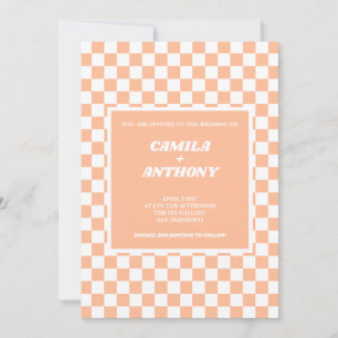 Convite Peach Fuzz White Checkered Gingham Pattern Weding