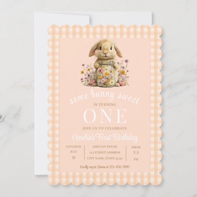 Convite Peach Gingham Bunny 1st Birthday Invite (Frente)