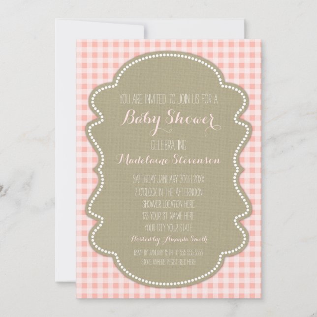 Convite Peach Gingham Burlap Baby Shower Invants (Verso)