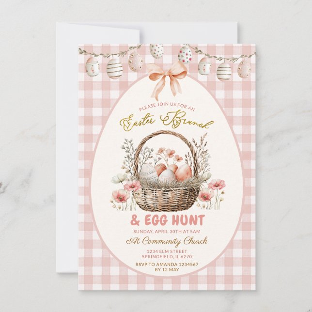 Convite Peach Gingham Floral Easter Brunch and Egg Hunt (Frente)