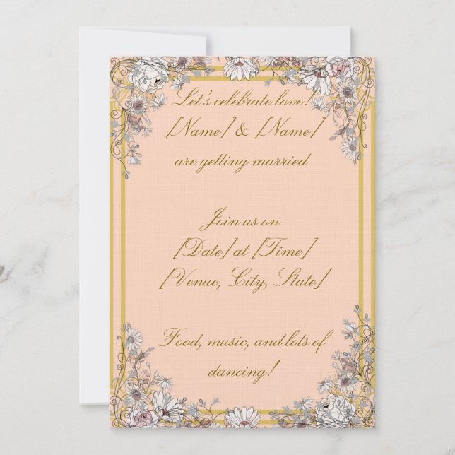 Convite Peach & Gold Botanical Wedding Invitation | Elegan (Frente)