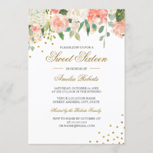 Convite Peach Gold Floral Aquarela Sweet Sixteen