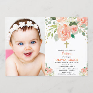 Convite Peach gold floral aquarelas baptism foto de menina