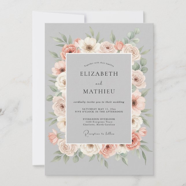 Convite Peach Gray Floral Romance Wedding (Frente)