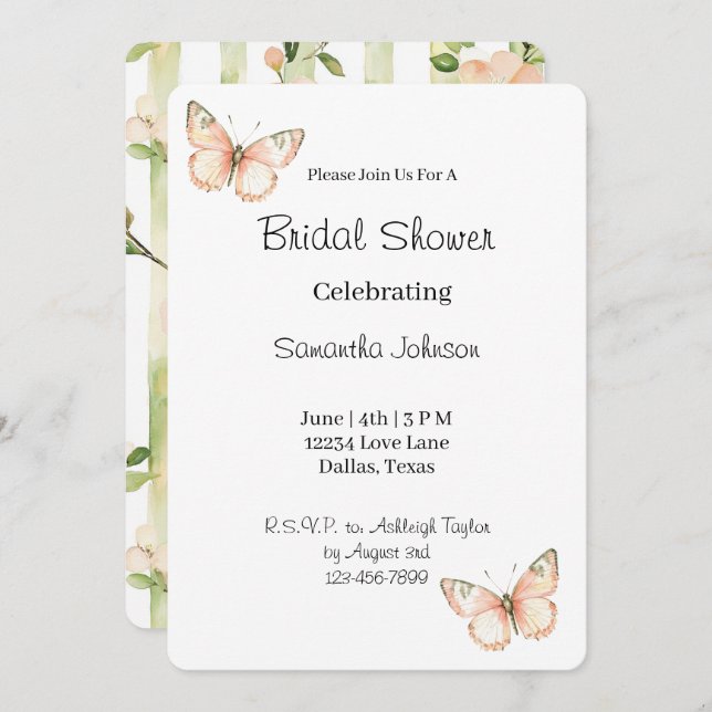 Convite Peach Green Butterflies Floral Bridal Shower   (Frente/Verso)