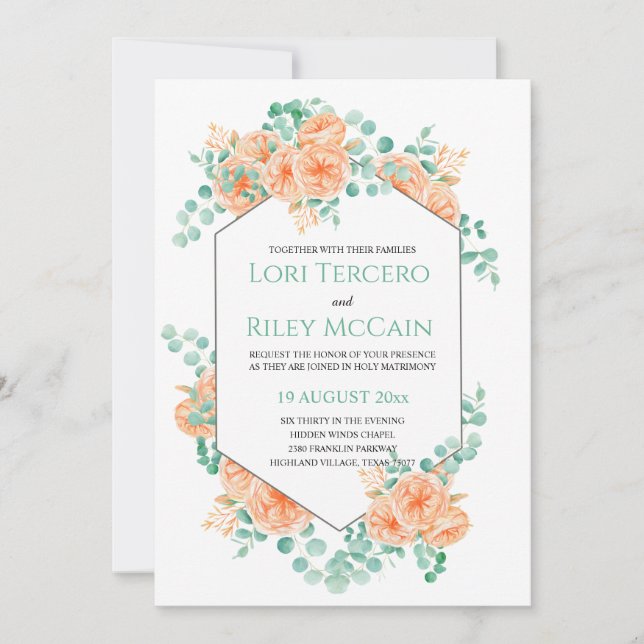 Convite Peach Green Watercolor Floral Eucalyptus Wedding (Frente)