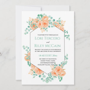 Convite Peach Green Watercolor Floral Eucalyptus Wedding