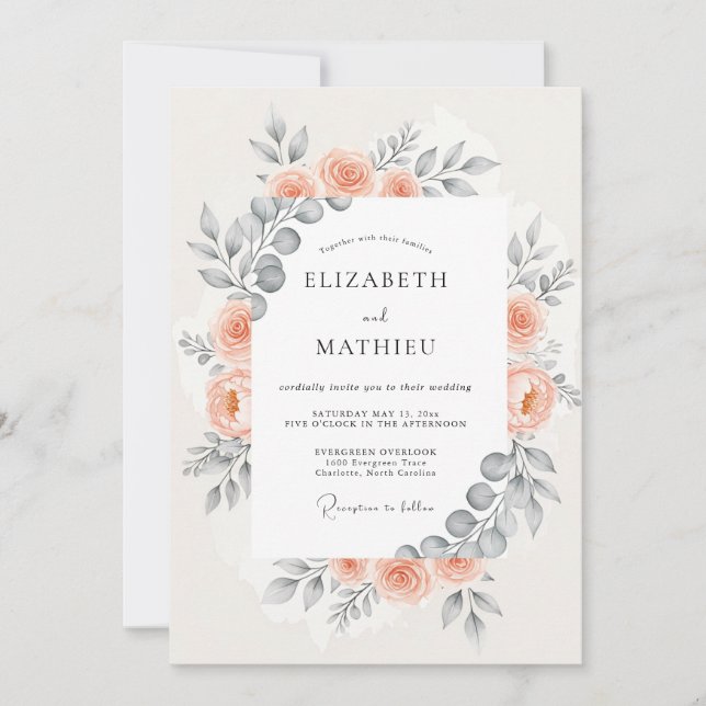 Convite Peach Harmonious Botanical Wedding (Frente)