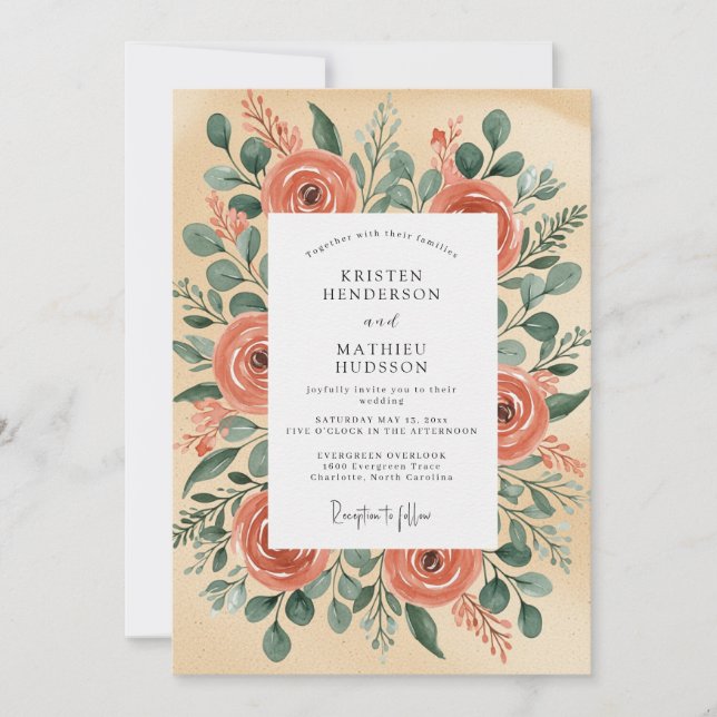 Convite Peach Illustrative Rustic Wedding (Frente)