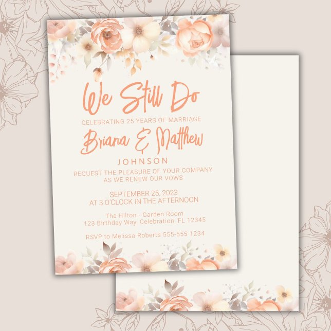 Convite Peach Ivory Floral Wedding Vow Renewal (Criador carregado)