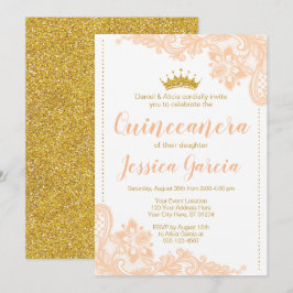 Convite Peach Lace e Glitter Dourada Princesa Quinceañera