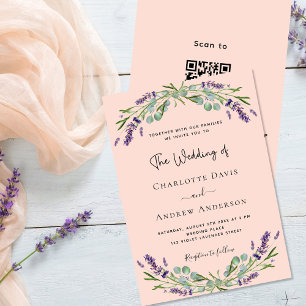 Convite Peach lavanda violeta código QR RSVP casamento de 