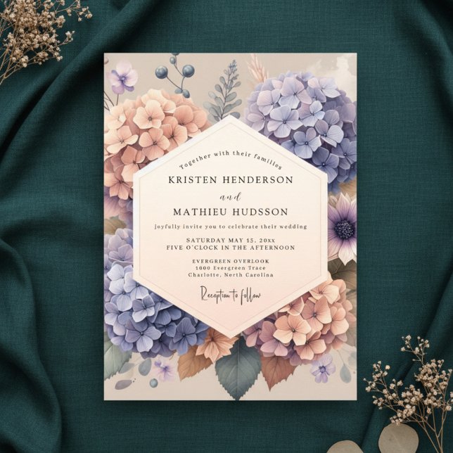 Convite Peach Lavender Hydrangea Floral Wedding (Criador carregado)