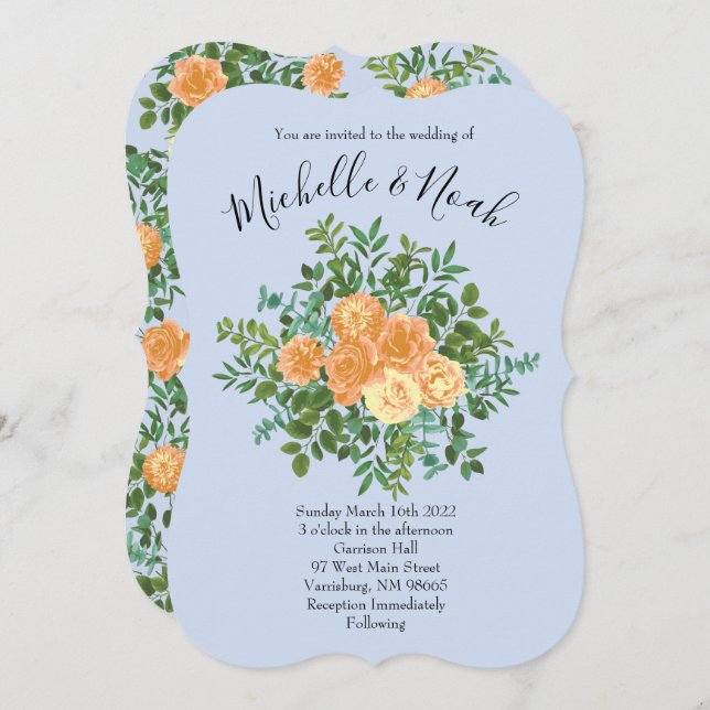 Convite Peach & Light Blue Peony & Rosa Floral Weding (Frente/Verso)