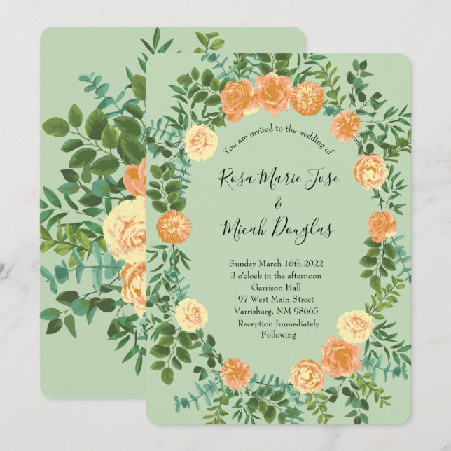 Convite Peach & Light Green Peony & Rosa Floral Weding (Frente/Verso)